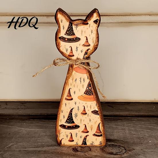Harvest Celebration Mantel Decor Rustic Wooden Cat Ornament Vintage Halloween/Flower Wood Tabletop Signs Decorative Figurines for Fall Distressed