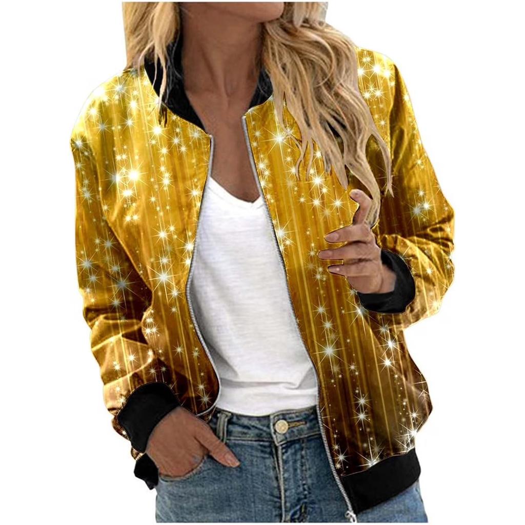 Women's Fashion Long Sleeve Sequin Starlight Print Round Neck Zip Jacket