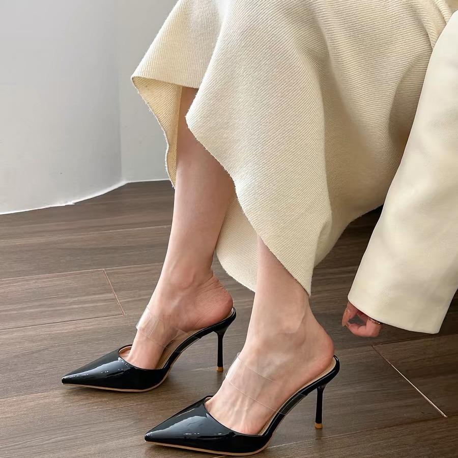 [New] Gentle Naked Apricot Transparent PVC Bag Head High Heels for Women 2025 New Pointed Cool Slippers for Women