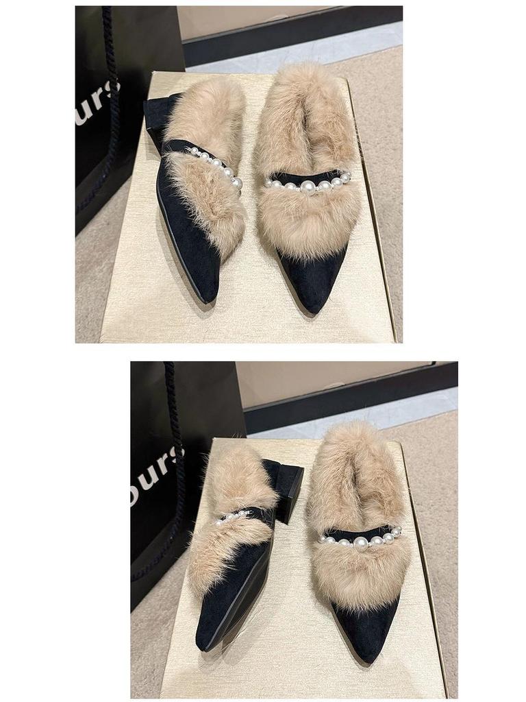 Women's Chunky Heel Suede Pointed Toe Low-Cut Furry Cotton Shoes for Autumn/Winter