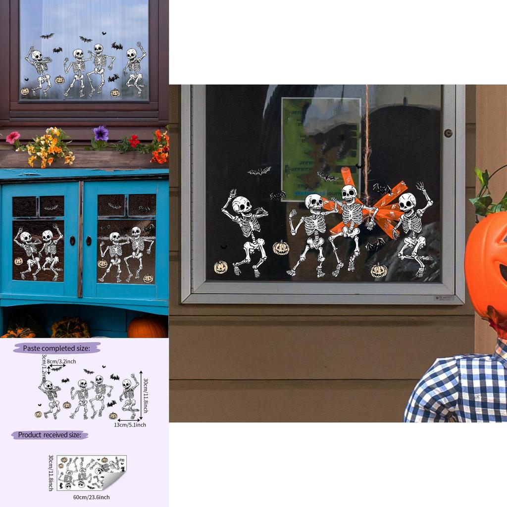 Halloween Uv Static Cling Bat Skeleton Wall Art Pvc Decorative Sticker For Home And Business