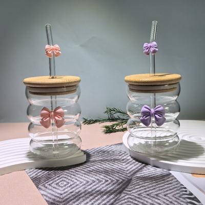 Bow Glass Cute Water Cup Cartoon Bow Glass Cup Striped Cute Doodle Coffee Mug Household Fruit Tea Lemonade Girls Gift
