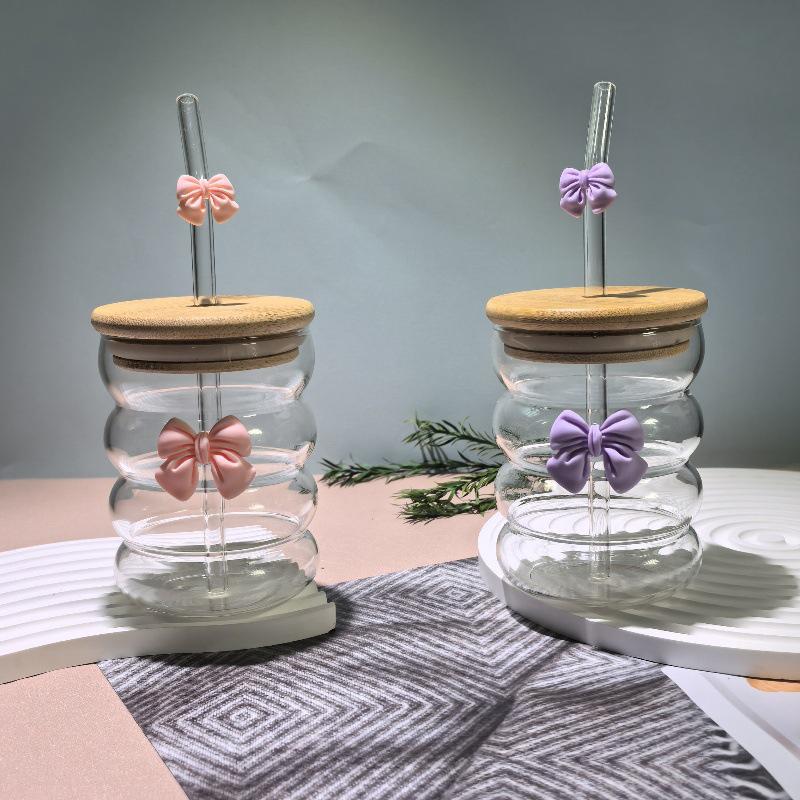 Sløyfe Glass Søt Vannkopp Tegneserie Sløyfe Glasskopp Stripete Søt Doodle Kaffekopp Husholdning Fruktte Sitronade Jentegave