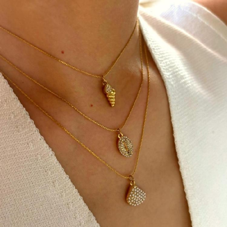 Stainless Steel Nauticals Necklace With Intricate Shell Designs and Rhinestones Decorations for Everyday Stacking
