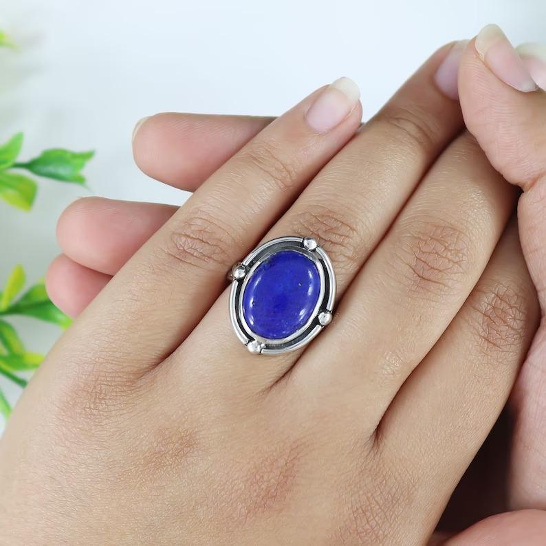 Lapis Lazuli Oval Gemstone Ring, Handmade Designer Ring, Statement Ring, Boho Ring, Wedding Gift, 925 Sterling Silver