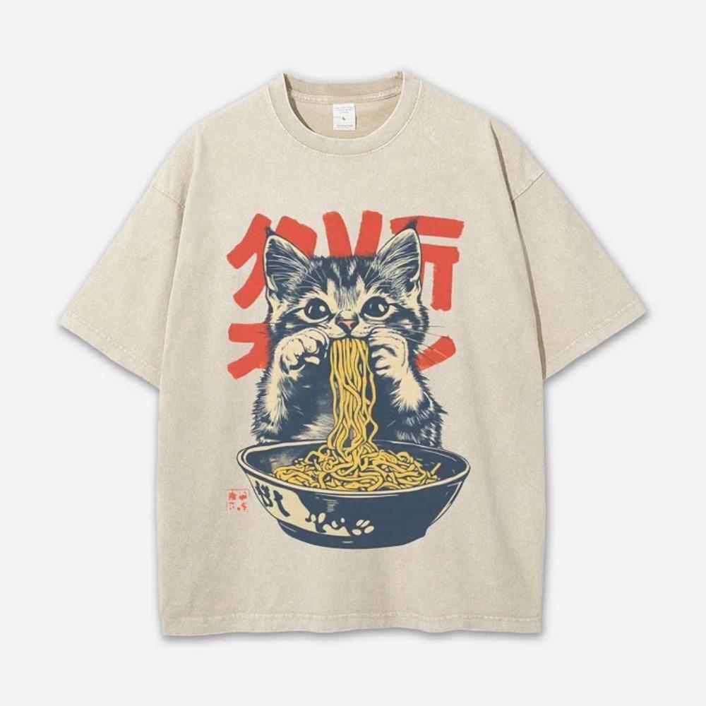 Vintage Art Acid Washed T-shirt Japanese Cat Fashion Short Sleeve Round Neck Chic Tees Summer Heavy Weight Tunics