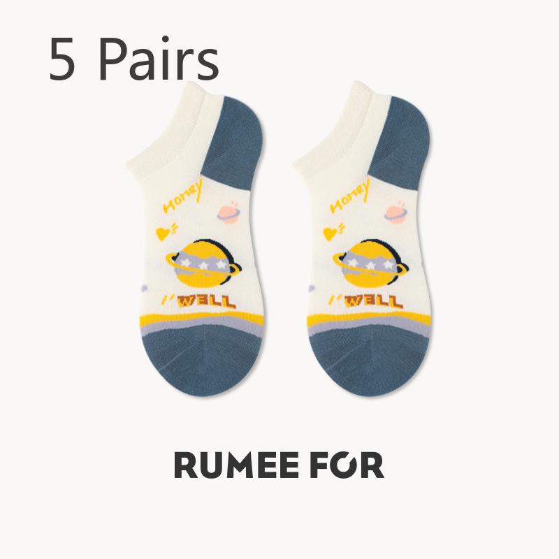 5 Pairs of Women's Spring and Summer Trendy Cartoon Breathable Shallow Short Boat Socks