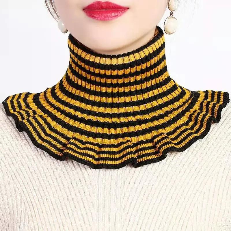 Women Autumn Winter Korea Joker Striped Pullover Thickened Warm Cervical Elastic Knitted False Collar Wool Scarf