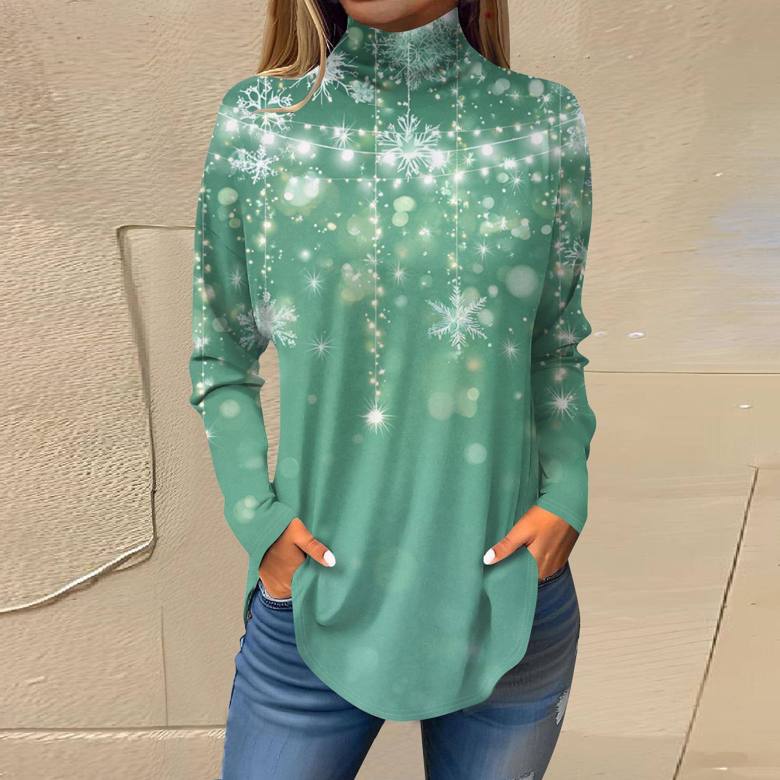 

Женская модная футболка свободного кроя с высоким воротом и рождественским принтом, топ с длинным рукавом M