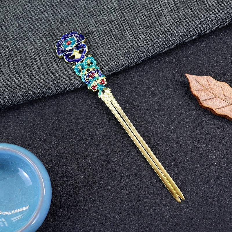 

Vintage Tang style Dunhuang Ming made hairpin, ancient Hanfu oil drip burning blue golden hairpin carving flower hairpin hairpin head jewelry