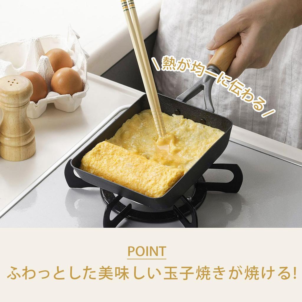 Shimomura Kihan Iron Tamagoyaki Frying Pan in Gas and Induction Double Wooden Care Instructions Tamagoyaki Egg 47025 [Made Japan] Compatible, Fiber,