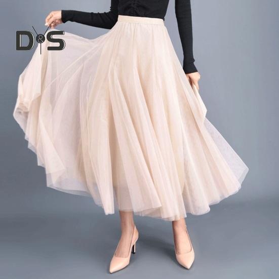 Women Midi Skirt Elastic High Waist Long Skirt with Solid Mesh Hem Solid Color A-Line Skirt Daily Wear