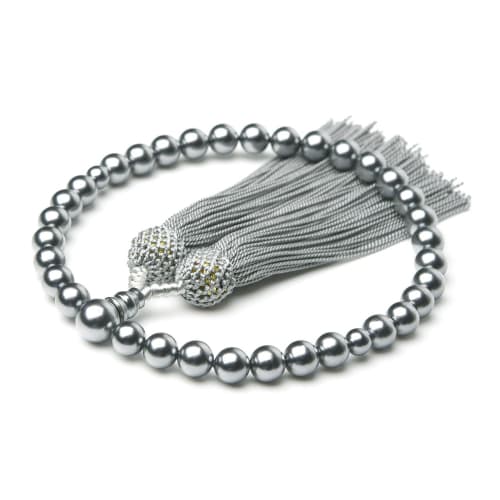 EsuonHappiness Women's Pearl Buddhist Prayer Beads, Nishijin Brocade with Pouch, Black Shell and Pearl Tassel, 8mm