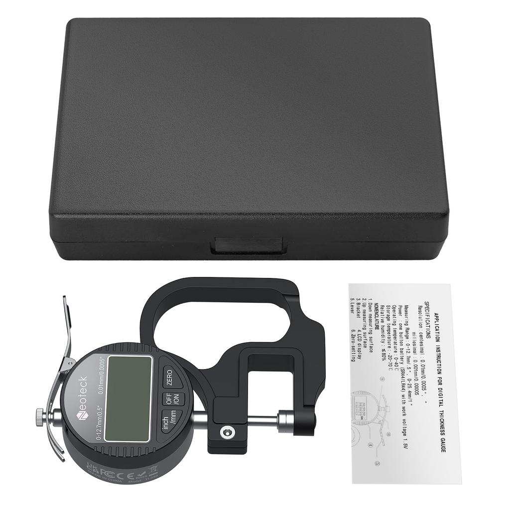 Neoteck Digital Thickness Aluminum Alloy Measurement Large LCD Thickness Gauge Gauge, Construction, 0.01mm Accuracy, 0-12.7mm Range, Display,