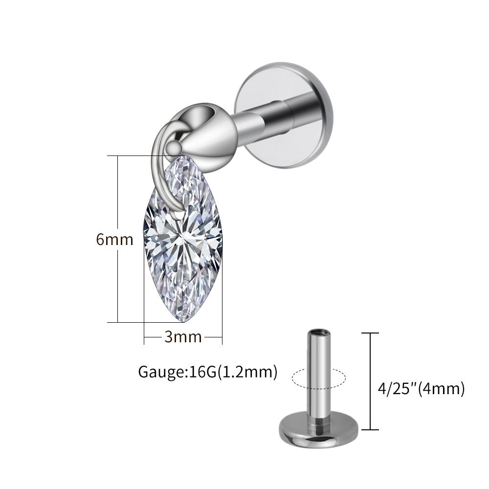 

Right Grand ASTM F136 Titanium 16G Floating Marquise CZ Dangle Charm Lip Stud Earring Tragus Cartilage Helix Flat Back Piercing