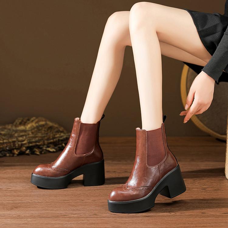 Muffin Sole Thick Heel Leather Martin Boots 2025 Autumn and Winter New Hand-scratched Brown Waterproof Table High Heel Chelsea Boots