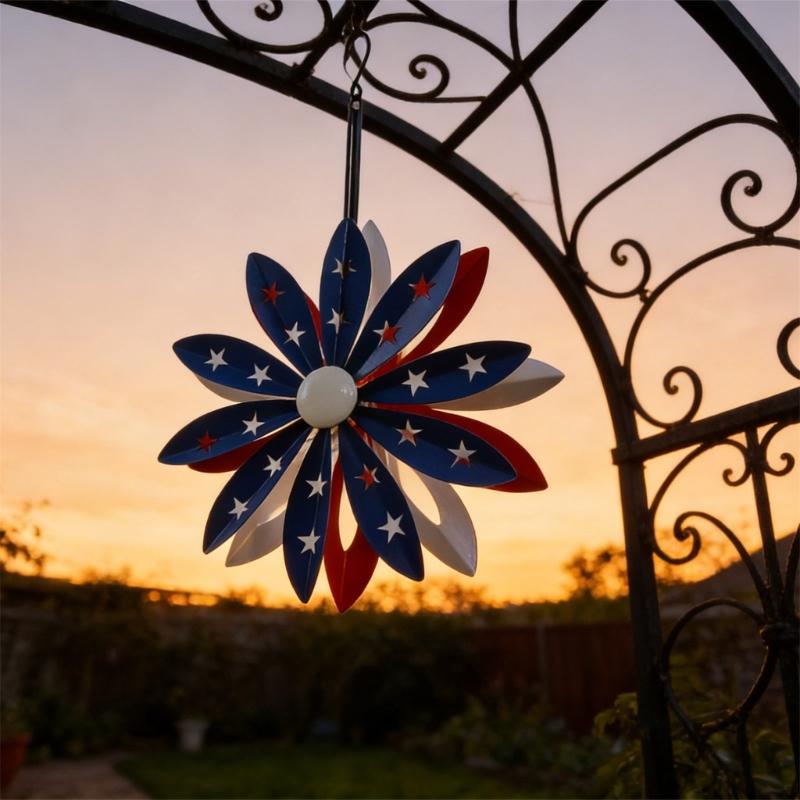 Metal Windmill Feature With Bright Red And Dark Blue Blades Great For Garden Landscape Lawn Yard And Deck Enhancement