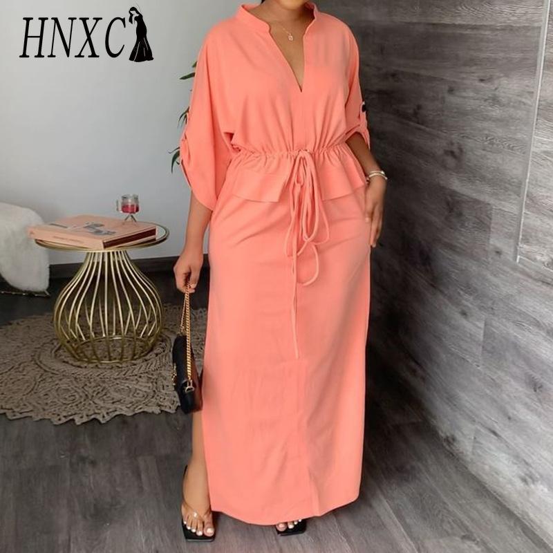 HNXC Spring Women's 3/4 Sleeves Wear Features An Elegant and Fashionable Solid-color Long High-waisted Dress for Women