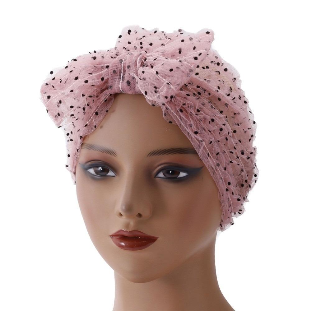Atmungsaktiver Stoff Polka Dot Netzhaube Falten Spitze Turban Damen Kopftuch Hut Gefaltetes Design Schicke Beanie Mütze Sommersaison