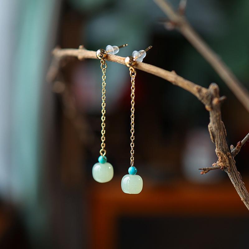 Elegant Jade & Turquoise Apple Bead Earrings with 14k Gold Plated Ear Wires - Chinese Style for Women