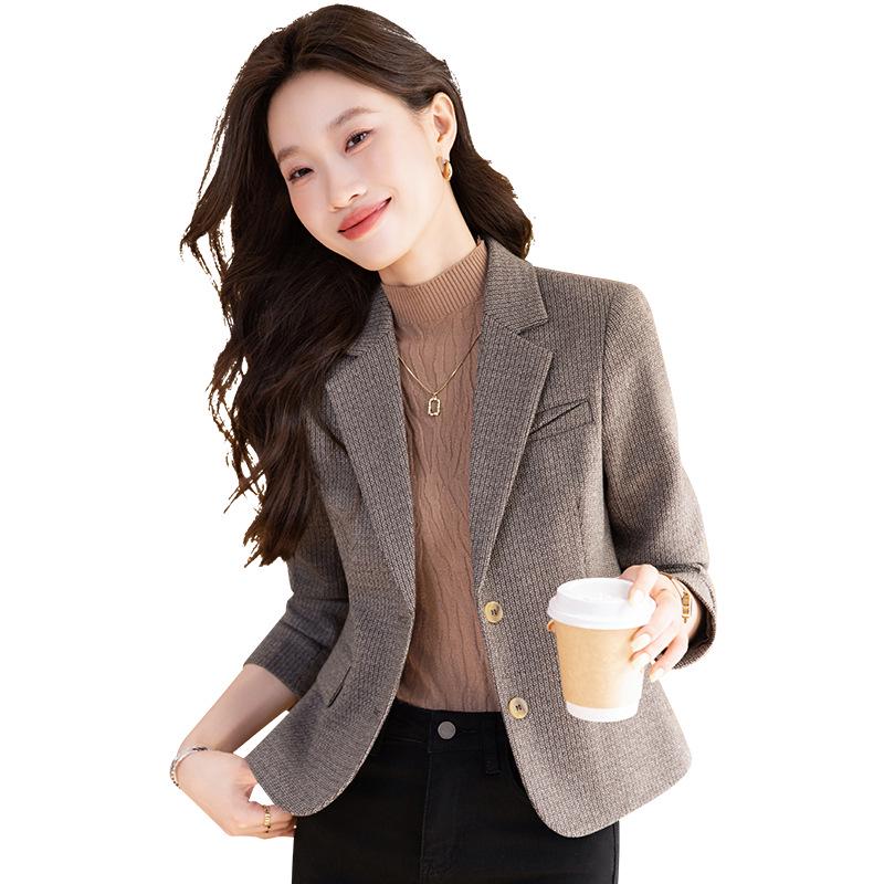 Damen Khaki Wollblazer: Petite Slim Fit, Retro-Stil, Frühling/Herbst 2025