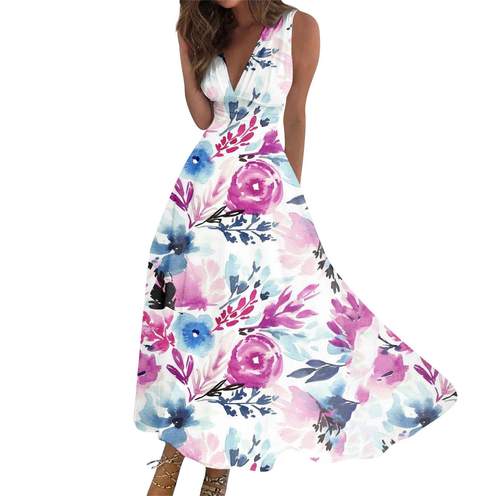 

Женское длинное платье Платье макси Повседневное платье Летнее повседневное платье без рукавов с v-образным вырезом в стиле бохо с талией и принтом S