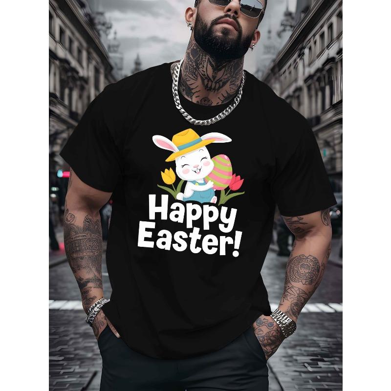 European Size Men's Easter Bunny & Egg Print Short Sleeve T-Shirt - Lightweight Breathable Round Neck Summer Top with Rabbit & Egg Pattern