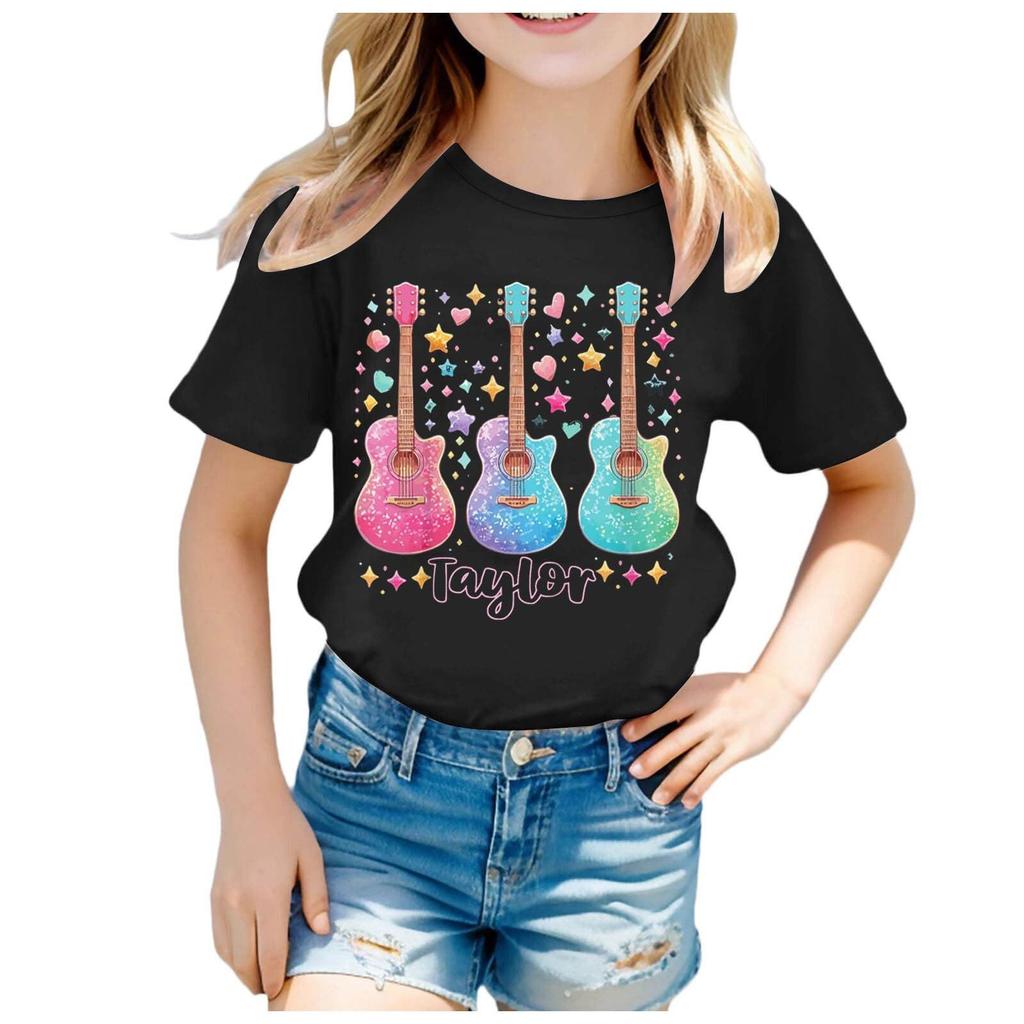 Summer Round Neck 3D Guitar Printed Top Fashionable Casual Short Sleeved Children's Girl T-shirts