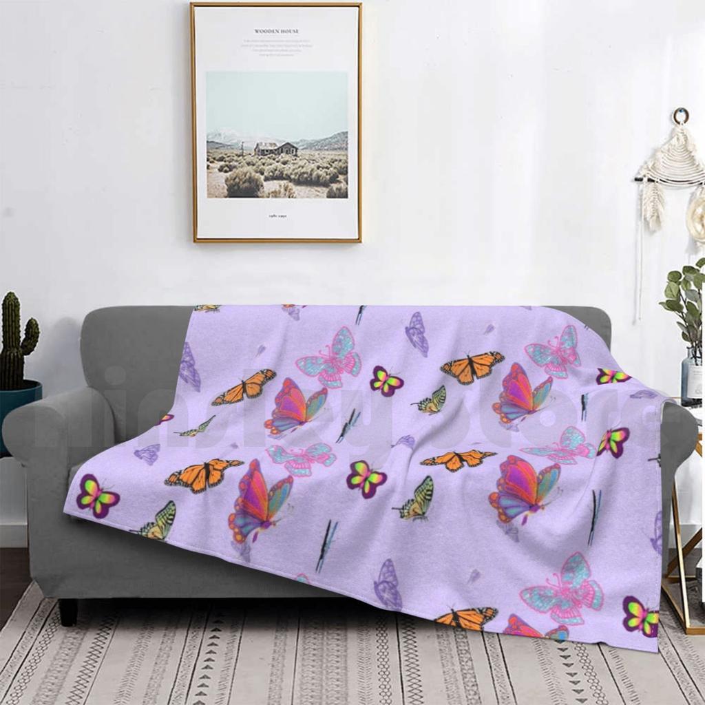 Multicoloured Butterflies Blanket For Sofa Bed Travel Multicoloured Butterflies Pastel Pattern Cute Puprle