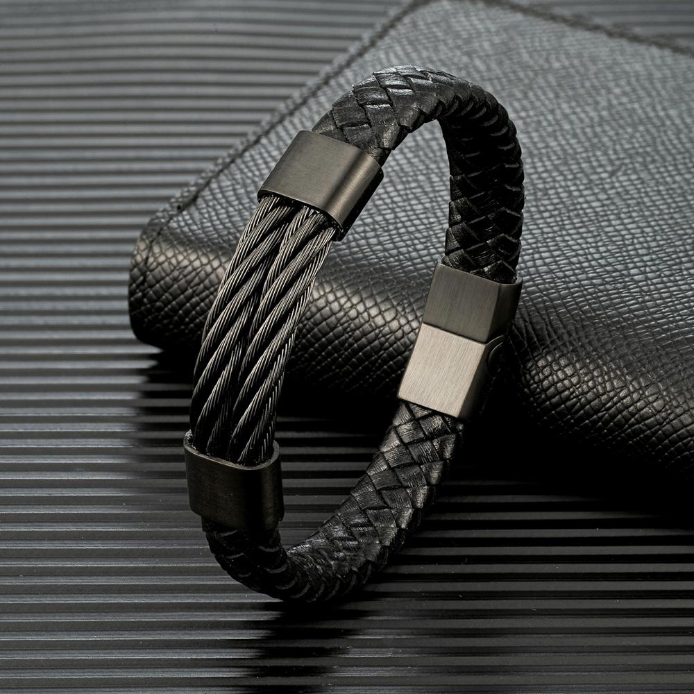 Punk Men Jewelry Non-fading Steel Wire Rope Leather Bracelet Vintage Cuff Charm Bracelet for Men Jewelry Street Gifts