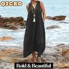 Fashion Summer Spring Solid Color Prin Sleeveless V-Neckt Casual Dresses