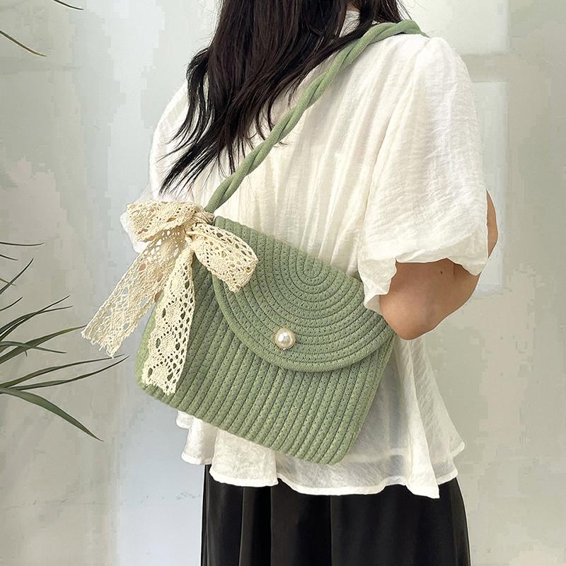

Pastoral Straw Beach Bag Woven Summer Shoulder Bag with Cute Lace Bow Tote Bag for Women Beach Picnic Vacation зелений