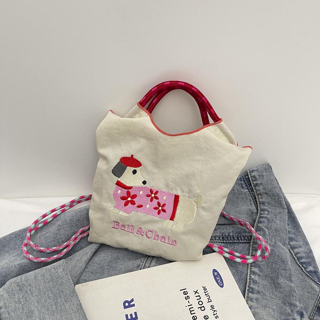 Korean Embroidered Dachshund Cartoon Women's Fashion Handbag - Versatile Color Block Shoulder and Crossbody Bag