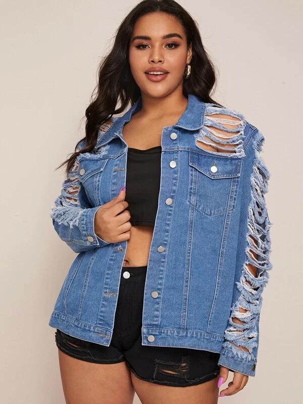 

Женская джинсовая куртка большого размера с кисточками и рваными деталями 1XL синий