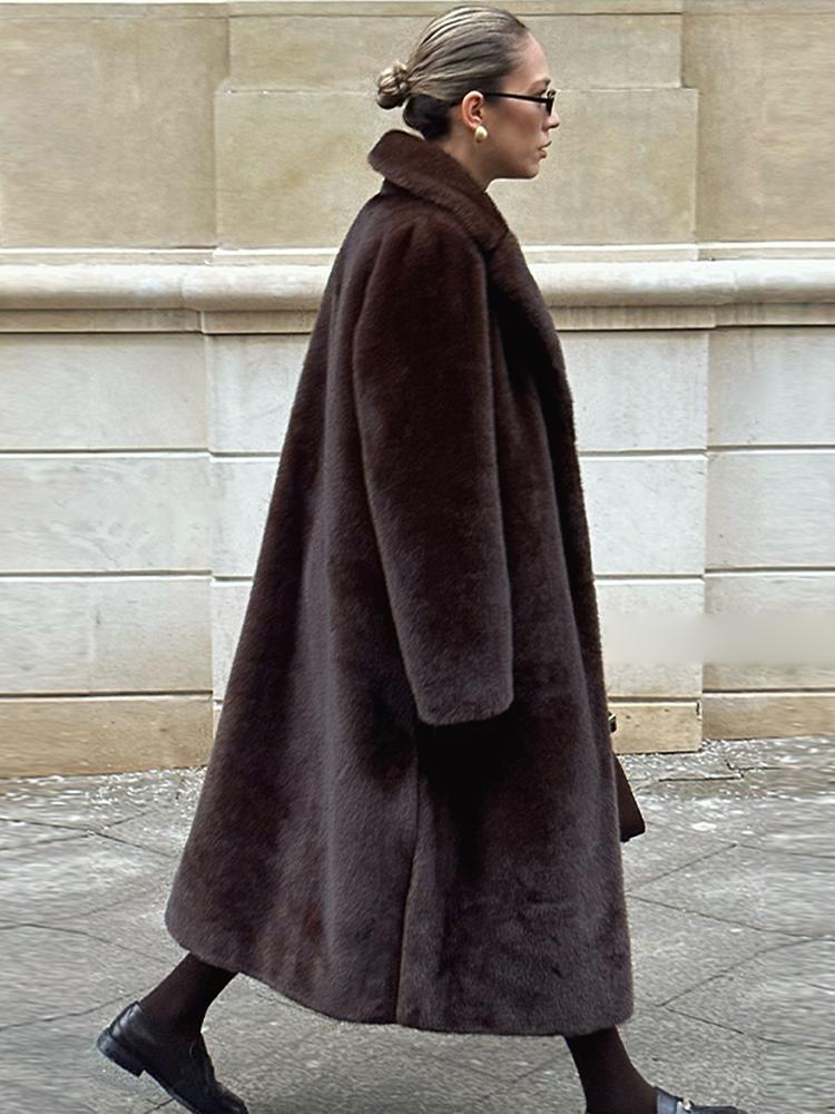 Women's Collar Tied Waist Artificial Wool Long Winter Coat