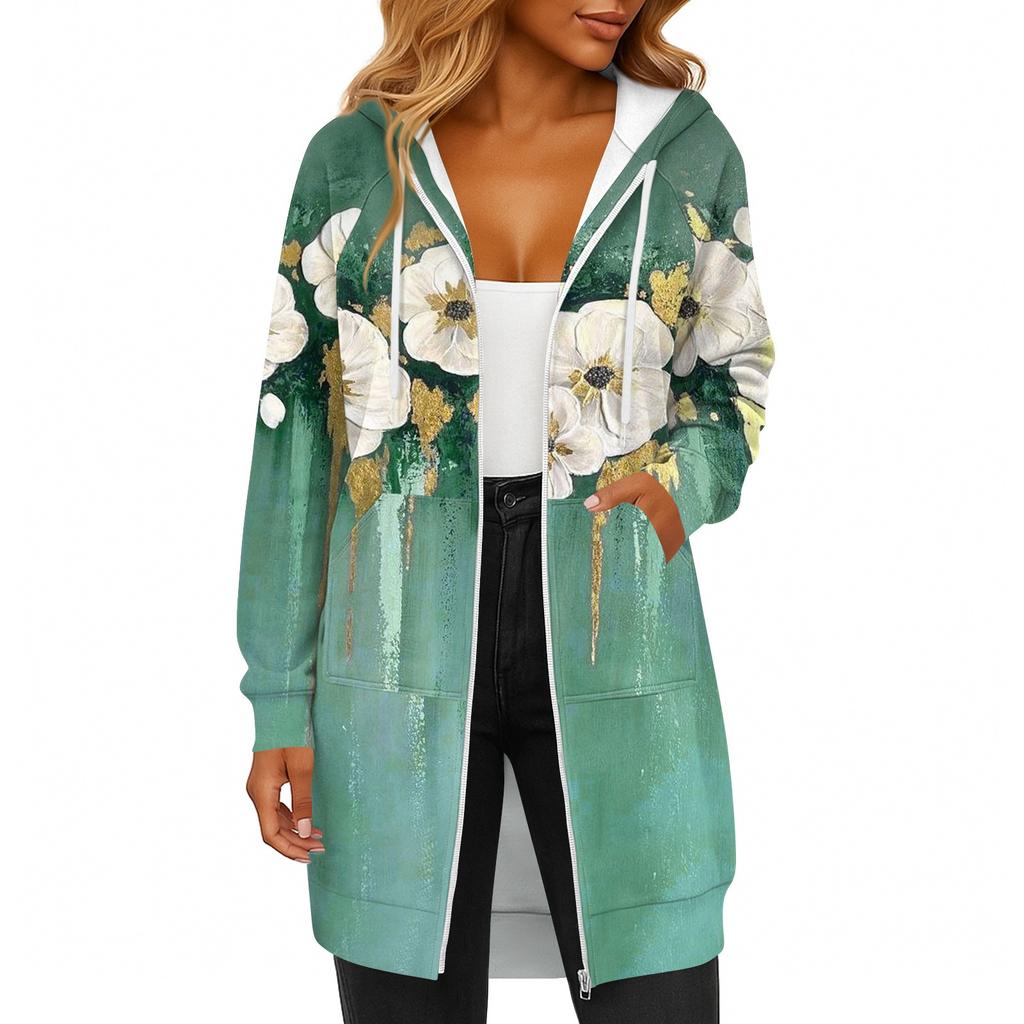 Women's Fashionable Printed  Long Sleeved Drawstring Hooded Zipper Pocket Long Casual Sweatshirt Jacket