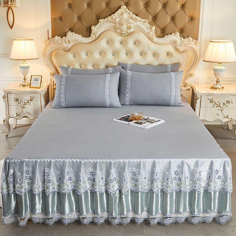 3pcs Bed Skirt Set (Bed Skirt * 1+pillowcase * 2, Without Core),Solid Color Double-Layer Lace Bed Sheet Bedspread, All Season Universal Bedding Set
