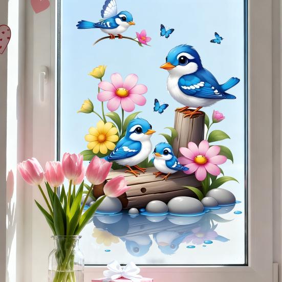 Watercolor Bird Window Sticker Cartoon Blue Birds Flowers Butterflies Double Sided Static Cling