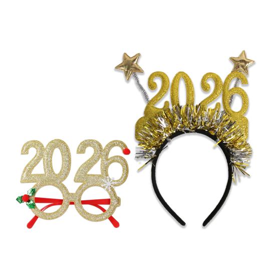 

Новогодние аксессуары 2026: набор из блестящей мишурной повязки на голову и очков для празднования Нового года 1 Set золотистый