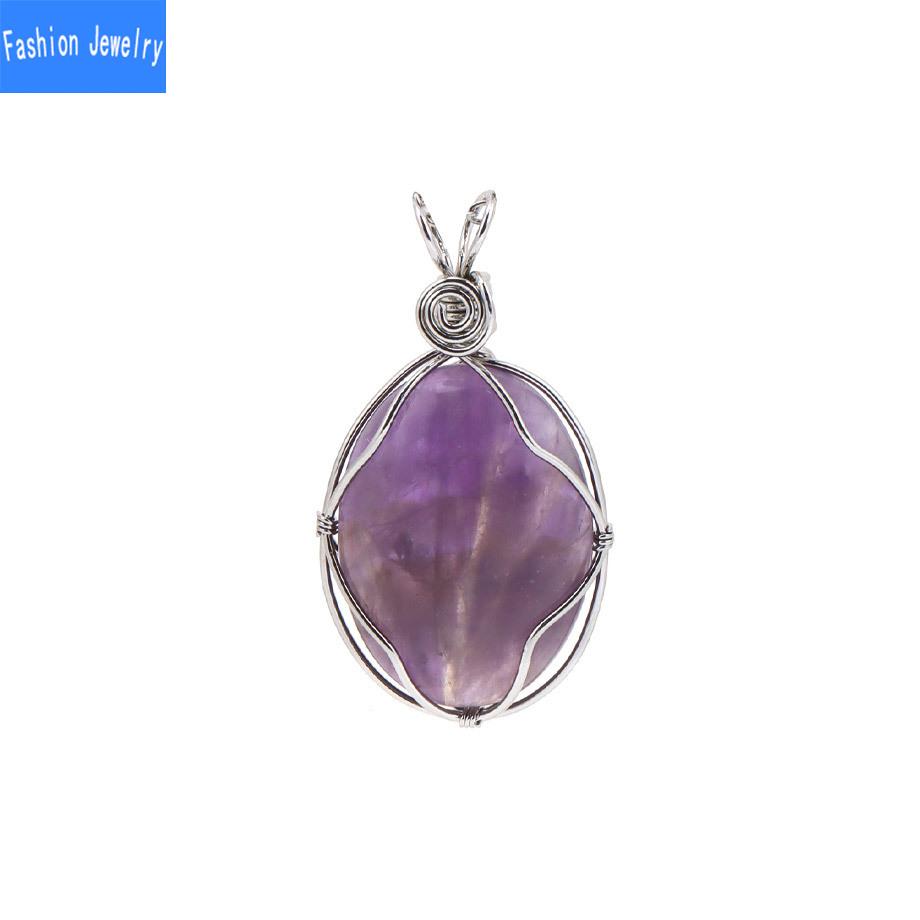 European and American fashion natural crystal stone denier-shaped hand-wound pendant amethyst tiger eye stone necklace jewelry