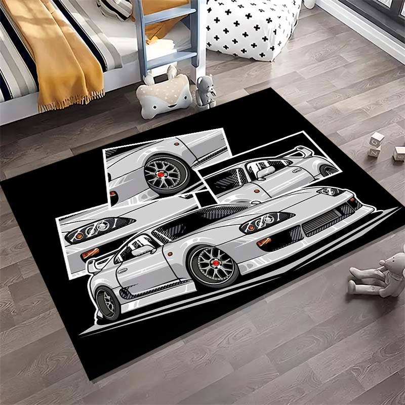 White JDM Sport Car Comic Collage Print Area Rug Non‑Slip Rectangular Floor Mat Car Fan Decor for Gaming Room Living Bedroom