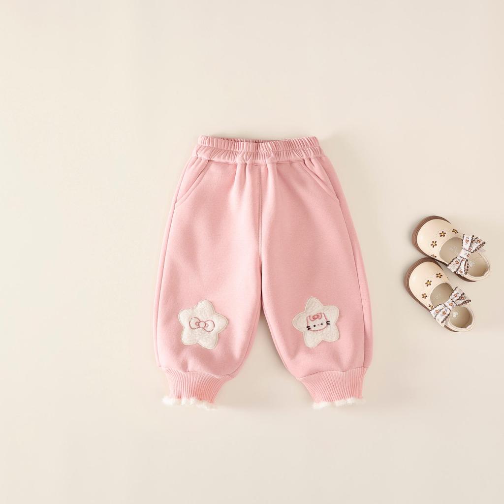 Girls' Winter Velvet-Lined Trousers – Thick, Cuffed, Cartoon Design, Warm Sweatpants for Autumn/Winter.