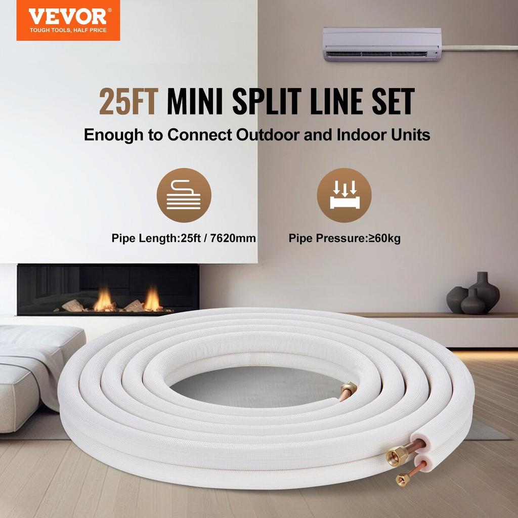 Mini Split Leidingenset 6,4x12,7 x7620mm Koperen Leidingen AC m/ Verbindingskabel