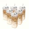 2/4pcs Square Glass Coffee Mugs with Lids and Straws, Reusable Drinking Cups with Glass Covers, Ideal for Coffee, Tea, Home, Office, School