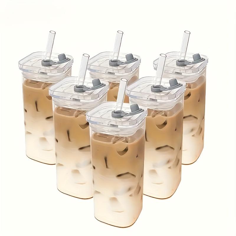 2/4pcs Square Glass Coffee Mugs with Lids and Straws, Reusable Drinking Cups with Glass Covers, Ideal for Coffee, Tea, Home, Office, School