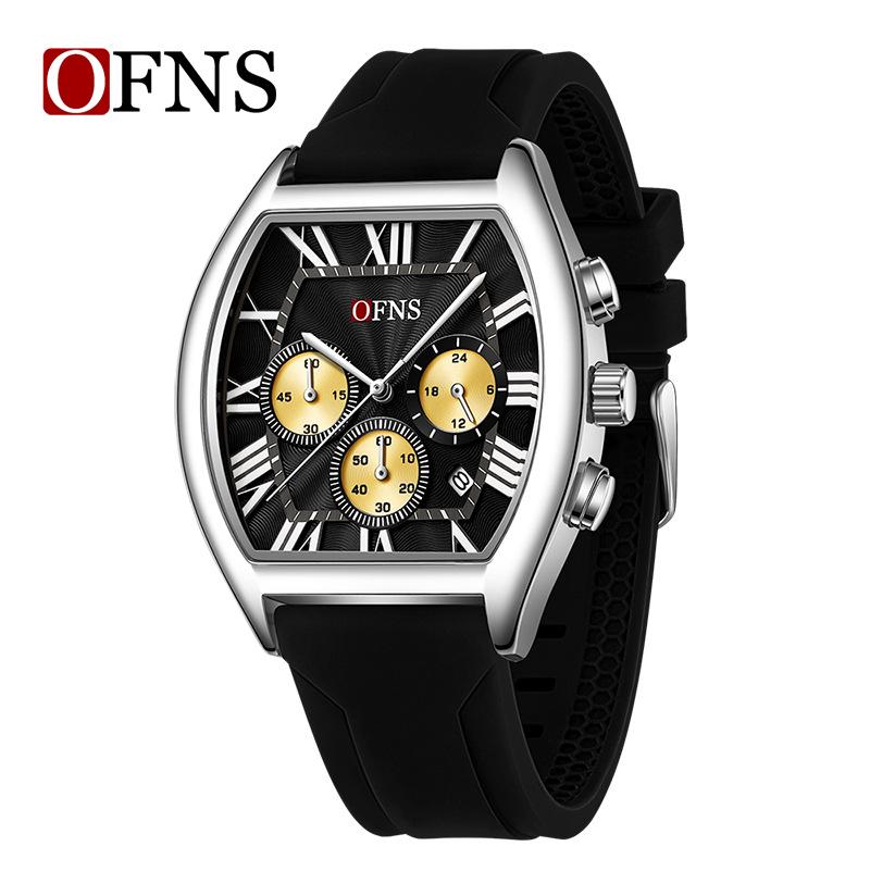 OFNS Men's Barrel-Shaped Waterproof Quartz Watch - Multifunctional Calendar with Three-Eye, Six-Hand Design, Casual Style.
