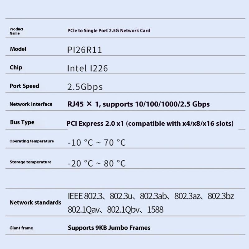 Highly Speed 2.5Gbps Networking Card Adapter PCIe X1 Slot I226 Chipset For Servers Gaming PC And Data Transmission