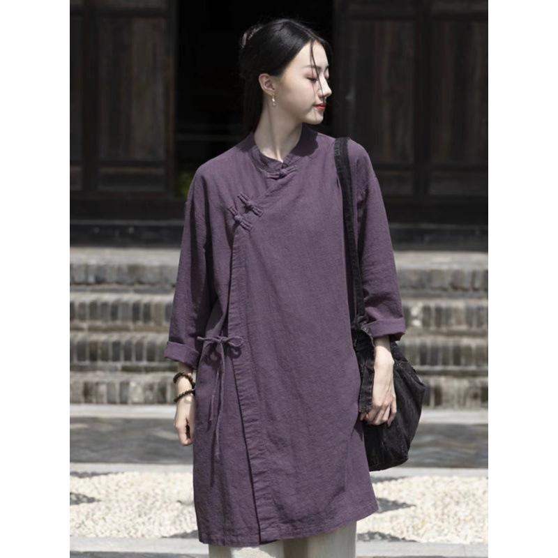 Women s Mandarin Collar Long Sleeve Loose Fit Casual Linen Blend Tunic Blouse M фиолетовый