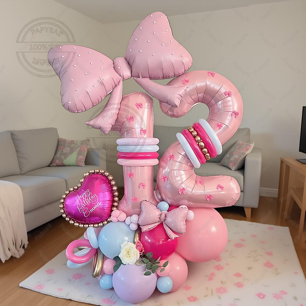 43PCS Pink Bow Theme Bouquet Balloon Set with 32inch Pink Number Girl First Birthday Party Decoration Baby Shower Helium Globos