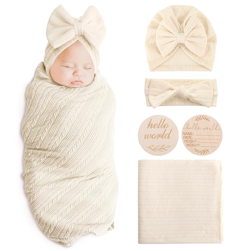 Newborn Receiving Blanket with Bow Hat Mittens Wooden Card Set Wheat-Pattern Newborns Toddler Baby Boy Girl Nursery Swaddle Wrap